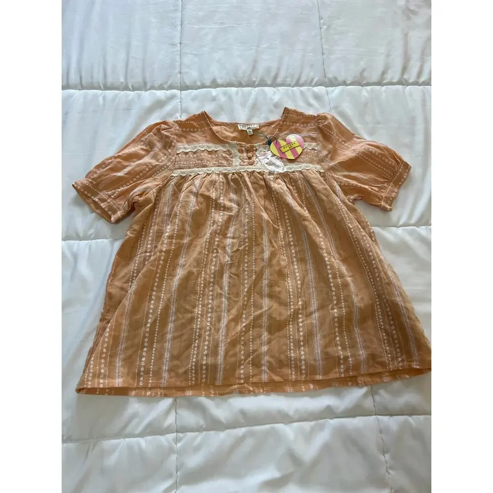 Hayden Girls NWT‎ Boho Blouse Size XL Peach Pink Stripe Lace Trim Peasant Top